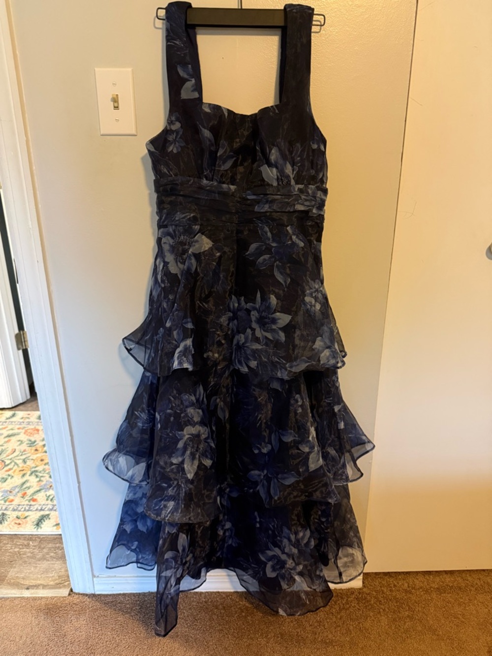 Lulus Dramatic Glamour Navy Blue Floral Organza Tiered Midi Dress - Picture 4 of 12